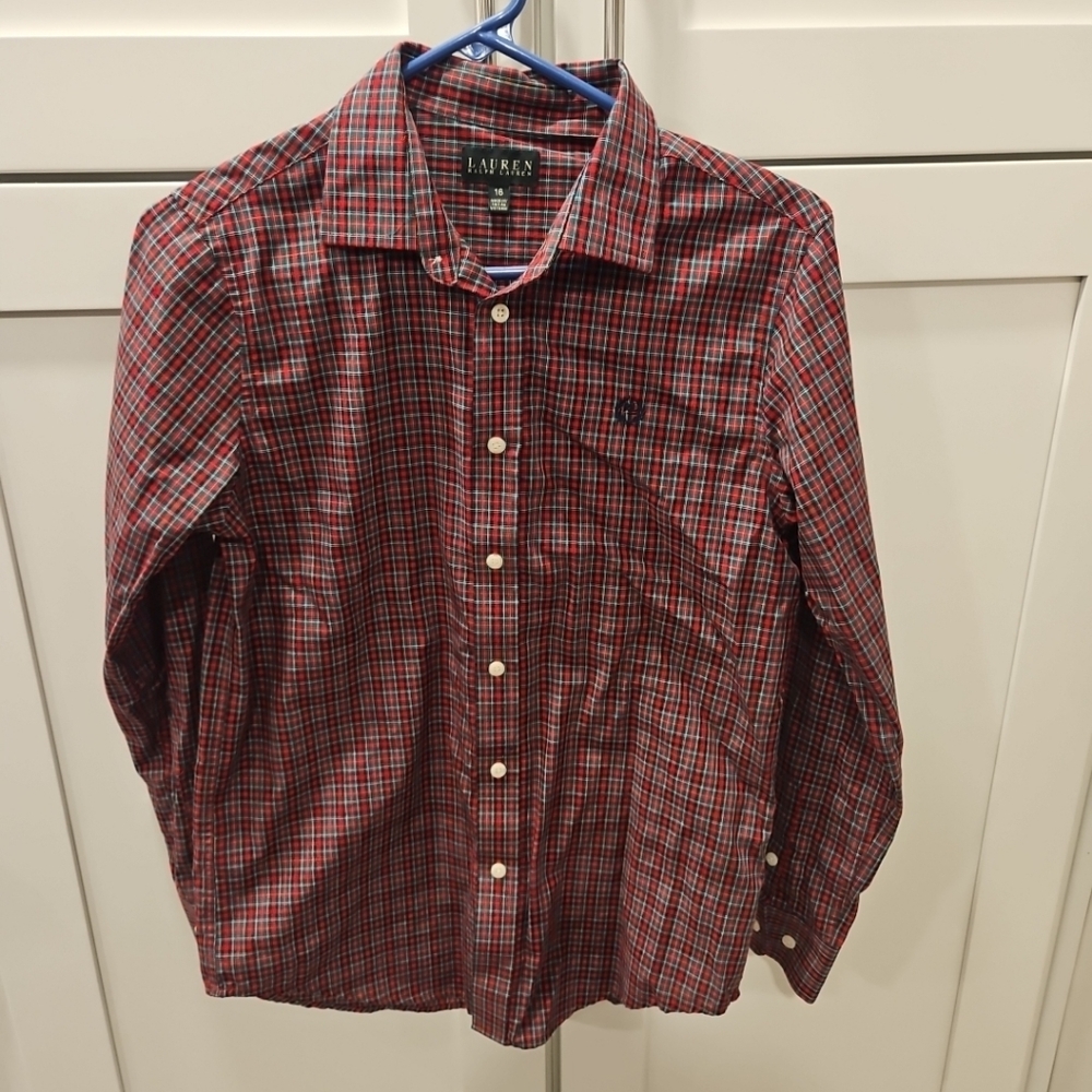 Ralph Lauren Shirt Boys Red Plaid Button Down Long Sleeve  sz 14-16 Christmas